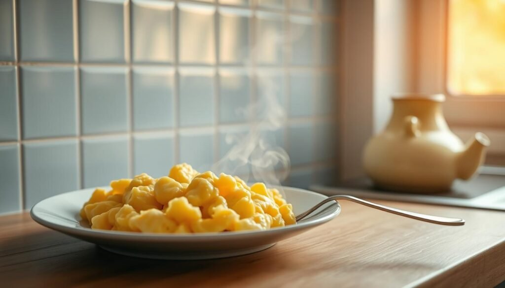 A steaming plate of perfectly reheated scrambled eggs sits on a wooden counter, the soft yellow hues contrasting with the light blue backsplash tiles. Delicate wisps of steam rise from the fluffy eggs, their texture just right. A slender, silver fork rests next to the plate, ready to dig in. Warm, natural lighting filters in through a nearby window, casting a cozy glow over the simple, minimal kitchen scene. The atmosphere is inviting and a subtle aroma of breakfast lingers in the air, promising a fresh, satisfying start to the day.