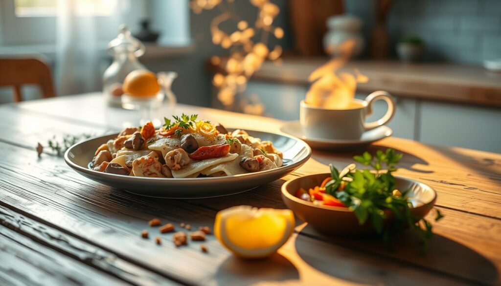 A steaming plate of protein-rich breakfast on a rustic wooden table, bathed in warm, diffused lighting. Fresh herbs, a sprinkle of spices, and a touch of citrus zest add vibrant accents. The scene captures the simple pleasure of reheating a nourishing meal in a cozy, minimalist kitchen, inviting the viewer to savor the flavors and aromas. Soft blue hues and natural textures create a calming, inviting atmosphere, perfect for enjoying a low-sugar breakfast.