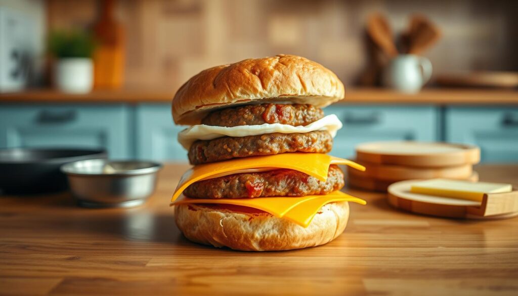 A step-by-step assembly of a breakfast sandwich on a wooden kitchen counter. The ingredients, including a fluffy egg patty, savory sausage, melted cheese, and toasted English muffin, are arranged in an organized manner, each neatly placed in the frame. Warm, soft lighting gently illuminates the scene, creating a cozy, inviting atmosphere. The minimal, wood-accented kitchen setting with light blue accents provides a clean, natural backdrop, allowing the sandwich components to be the focal point. The overall composition guides the viewer's eye through the construction process, highlighting the attention to detail in this breakfast sandwich preparation.