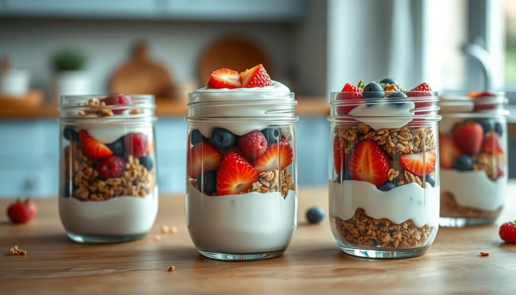 A step-by-step assembly of a delectable yogurt parfait in a cozy, minimal kitchen. On a wooden surface, layers of creamy yogurt, vibrant fresh berries, and crunchy granola come together in a visually appealing display. The light blue accents of the kitchen add a soothing touch, while the natural lighting casts a warm glow, highlighting the textures and colors of the ingredients. The parfait is presented in clear glass jars, showcasing the beautiful layering of the components. No hands are visible, allowing the focus to remain on the parfait itself, a testament to a simple, no-heat lunchbox meal.