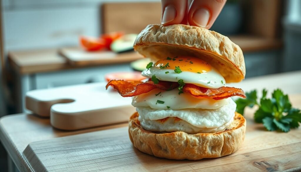 A step-by-step assembly of a freshly crafted breakfast sandwich unfolds in a cozy, minimal kitchen with wooden textures and light blue accents. In the foreground, a close-up view showcases the layers of a toasted English muffin, crisp bacon, a perfectly cooked egg, and a sprinkle of fresh herbs. The middle ground features a cutting board with sliced tomatoes and avocado, while the background subtly suggests the overall scene's tranquility, with a clean countertop and a window letting in natural light. The composition is captured from an overhead angle, highlighting the meticulous attention to detail in the sandwich assembly process, evoking a sense of culinary mastery and the fresh, gourmet flavors to come.
