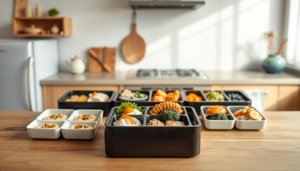 A step-by-step diagram showcasing the assembly of a traditional Japanese bento box against a backdrop of a cozy, minimalist kitchen. In the foreground, various compartmentalized sections of the bento box are arranged neatly, each containing meticulously prepared bite-sized portions of colorful, visually appealing foods. The middle ground features the bento box itself, its sleek, lacquered exterior gleaming under soft, natural lighting. In the background, wooden textures and light blue accents create a calming, harmonious atmosphere, inviting the viewer to imagine themselves preparing a well-balanced, organized office meal. The composition emphasizes the thoughtful, step-by-step assembly process, guiding the viewer through the creation of a visually striking and practical bento box.