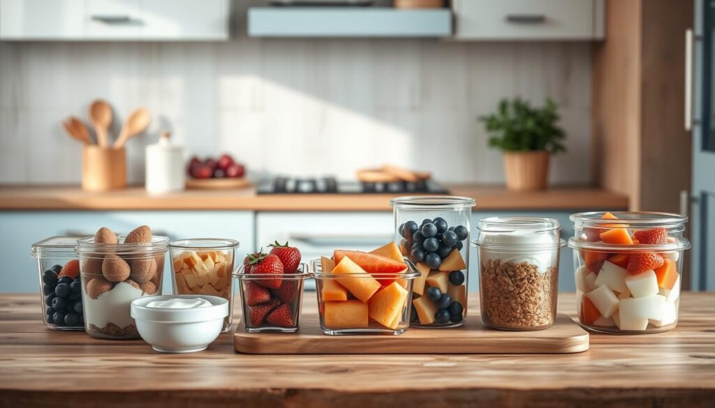 A step-by-step guide to assembling a low sugar breakfast meal container. In a cozy, minimal kitchen environment with wooden textures and light blue accents, a clean, organized arrangement of various breakfast components is displayed on a wooden table. Glass or ceramic containers hold fresh fruits, yogurt, and other healthy ingredients. The lighting is soft and diffused, creating a calming, inviting atmosphere. The composition emphasizes the simplicity and practicality of meal prep, with a focus on the visual appeal of the well-organized containers. The image conveys a sense of order, efficiency, and a commitment to a healthier lifestyle.