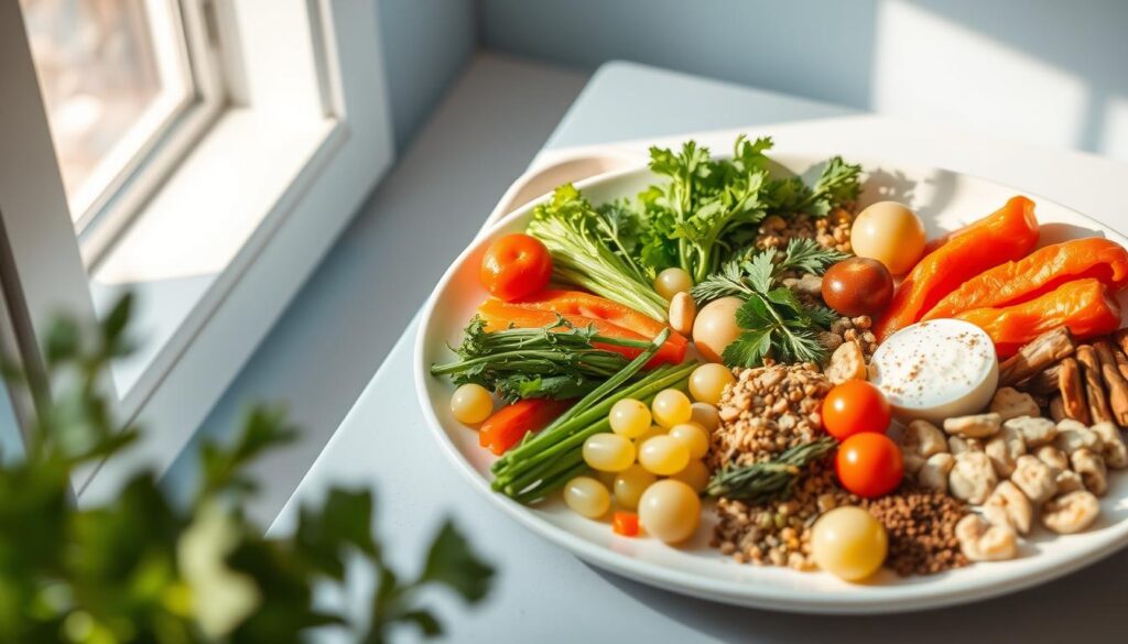 A step-by-step guide to sheet pan dinner prep, displayed on a white ceramic platter against a soft, light blue backdrop. The platter features a carefully arranged assortment of fresh vegetables, herbs, and seasonings, all meticulously organized in a visually appealing layout. Warm, natural lighting filters through a nearby window, casting gentle shadows and highlighting the textures of the ingredients. The scene exudes a sense of simplicity, efficiency, and culinary inspiration, perfectly capturing the essence of the 