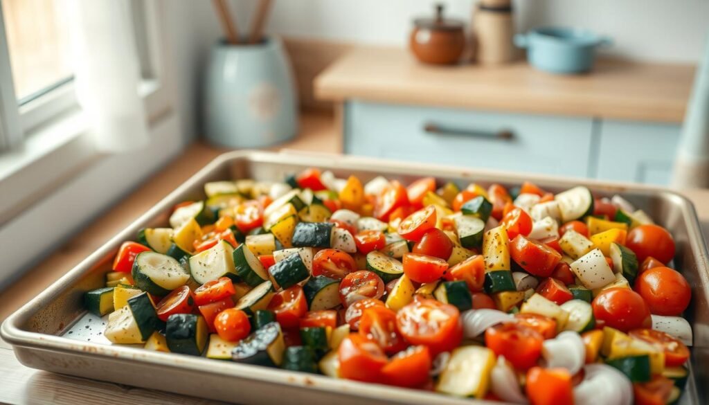 A step-by-step preparation of a sheet pan Mediterranean vegetable dinner. In a cozy, minimal kitchen with warm wooden textures and light blue accents, various chopped vegetables - zucchini, bell peppers, onions, and tomatoes - are arranged neatly on a large sheet pan. The vegetables are drizzled with olive oil and sprinkled with herbs and spices, ready to be roasted to perfection. The lighting is soft and natural, casting a gentle glow over the scene. The composition emphasizes the step-by-step process, with the prepared vegetables taking center stage, inviting the viewer to imagine the delicious meal to come.