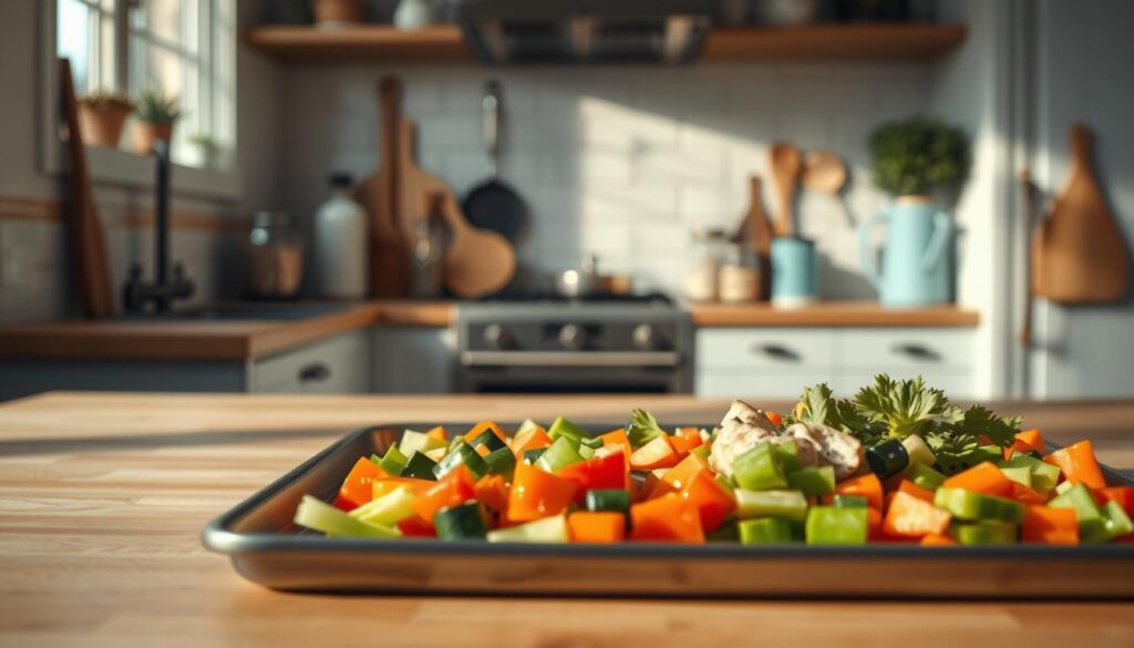 A step-by-step sheet pan dinner prep in a cozy, minimal kitchen with wooden textures and light blue accents. In the foreground, an array of fresh vegetables, neatly chopped and arranged on the sheet pan, casting soft shadows. In the middle ground, various cooking utensils and seasonings stand ready, the lighting casting a warm, inviting glow. In the background, the clean, uncluttered countertops and minimal decor create a sense of calm and focus, guiding the viewer's eye towards the preparation process. The absence of hands suggests a methodical, hands-off approach to the cooking, emphasizing the ease and efficiency of the sheet pan dinner prep.