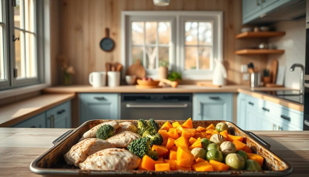 A step-by-step sheet pan meal prep in a cozy, minimal kitchen with warm wooden textures and light blue accents. A rustic baking sheet in the foreground holds a variety of fresh, colorful ingredients - chicken breasts, broccoli florets, sweet potato cubes, and brussels sprouts. The middle ground features a clean, organized countertop with measuring cups, a sharp knife, and a mixing bowl. Soft natural lighting filters in from large windows, casting a golden glow over the scene. The atmosphere is one of efficiency and mindful meal preparation, inviting the viewer to embark on their own healthy, high-protein sheet pan journey.