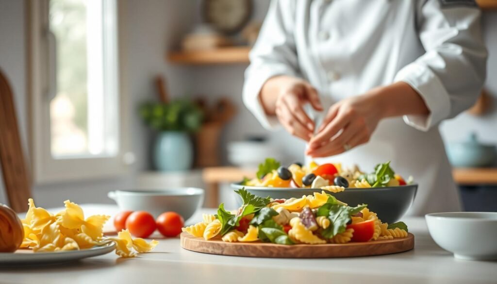 A step-by-step visual guide for preparing a fresh and delicious pasta salad for work, shot in a cozy, minimal kitchen with warm wooden textures and light blue accents. The foreground features neatly arranged ingredients like bowtie pasta, colorful vegetables, and a creamy dressing. The middle ground showcases the preparation process, with a chef's hands carefully mixing the salad components. The background is softly blurred, creating a serene and inviting atmosphere. The lighting is natural and diffused, casting a gentle glow over the scene. The overall composition emphasizes the simplicity and ease of this meal prep recipe.