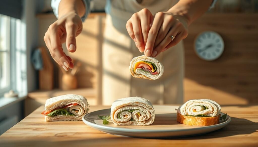 A step-by-step visual guide to assembling delicious pinwheel sandwiches, showcased in a cozy, minimalist kitchen with warm wooden textures and light blue accents. The camera captures the process from an overhead angle, highlighting each meticulous layer - soft bread, vibrant fillings, and a careful roll - under natural lighting that casts gentle shadows. The final result is a visually appetizing scene, inviting the viewer to recreate these simple yet satisfying cold lunch recipes with ease.