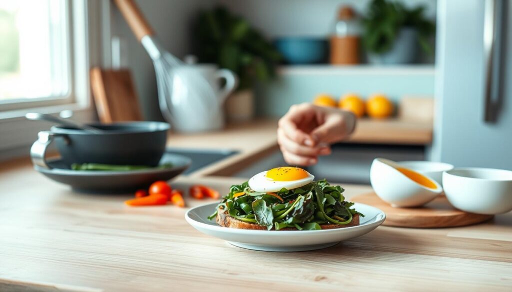 A step-by-step visual guide to preparing a fresh, energizing breakfast in a cozy, minimal kitchen. Softly lit close-up shots showcase each preparation stage - chopping colorful spring veggies, whisking eggs, assembling a balanced plate with avocado toast, sautéed greens, and a hardboiled egg. Wooden textures, light blue accents, and clean lines create a calm, inviting atmosphere. The camera angles guide the viewer through the meal prep process intuitively, with a focus on simple, healthy ingredients and efficient techniques.