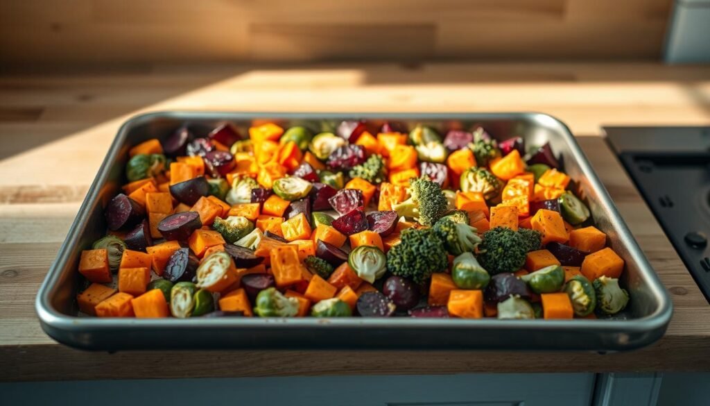 A step-by-step visual guide to roasting a colorful array of fresh vegetables. In a cozy, minimal kitchen with wooden textures and light blue accents, the scene unfolds: a large sheet pan holds a rainbow of chopped vegetables - vibrant carrots, earthy beets, crisp broccoli, tender Brussels sprouts, and more. Soft natural lighting casts a warm glow, highlighting the textures and colors. The vegetables are carefully arranged, ready to be seasoned and roasted to perfection. A sense of simplicity and nourishment permeates the scene, inviting the viewer to envision the delicious, healthy meal to come.
