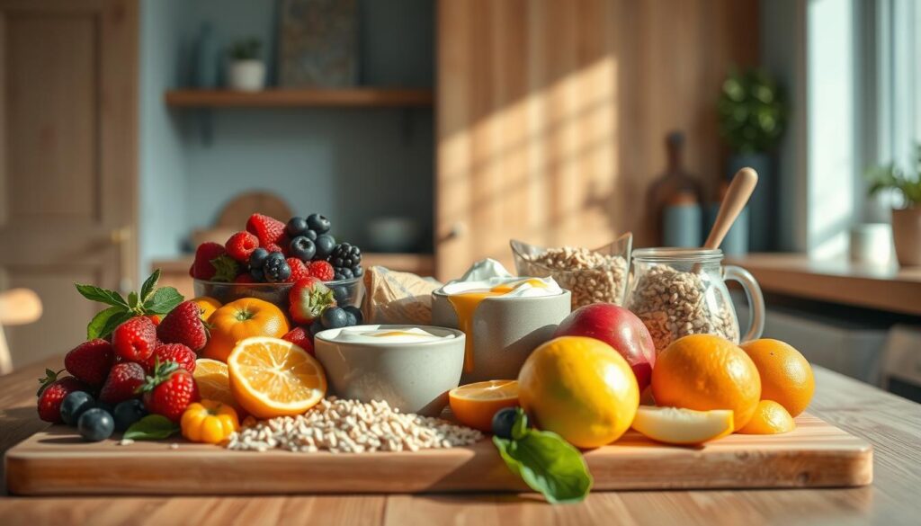 A still life arrangement of an assortment of nutritious breakfast ingredients, bathed in soft, natural lighting that filters through a window, casting gentle shadows. In the foreground, a wooden cutting board holds an array of fresh produce - vibrant berries, crisp apples, juicy citrus - alongside hearty whole grains like rolled oats and quinoa. In the middle ground, a ceramic bowl overflows with creamy, protein-rich Greek yogurt, topped with a drizzle of local honey. Surrounding the scene, a minimal kitchen interior features warm wood tones and light blue accents, creating a cozy, inviting atmosphere.