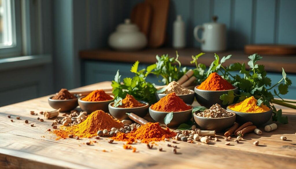 A still life arrangement of an assortment of whole and ground curry spices and aromatic herbs, artfully displayed on a rustic wooden surface in a cozy, minimalist kitchen with light blue accents. The spices, including turmeric, cumin, coriander, cardamom, and chili peppers, are scattered and partially contained in small bowls and dishes, casting warm, natural shadows. Fresh herbs such as cilantro, mint, and lemongrass are interspersed, adding pops of vibrant green. The scene is bathed in soft, diffused natural lighting, creating a calming, inviting atmosphere that evokes the comforting scents and flavors of authentic curry dishes.