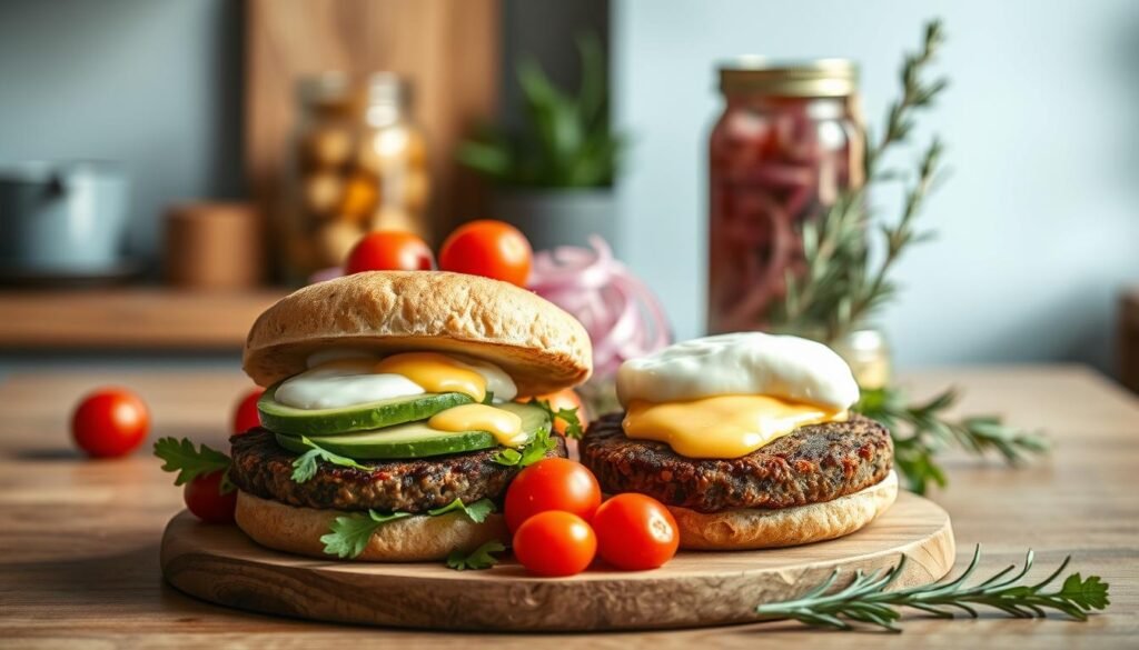 A still life arrangement of fresh, high-quality vegan breakfast sandwich ingredients on a wooden table in a cozy, minimal kitchen. In the foreground, a fluffy whole grain English muffin, a grilled plant-based sausage patty, and a slice of creamy avocado. In the middle ground, a handful of vibrant cherry tomatoes, a sprinkle of peppery arugula, and a drizzle of tangy vegan hollandaise sauce. In the background, a jar of crunchy pickled red onions and a sprig of fragrant rosemary against a light blue wall, illuminated by soft, natural lighting from an unseen window. The overall scene conveys a fresh, healthy, and inviting atmosphere.