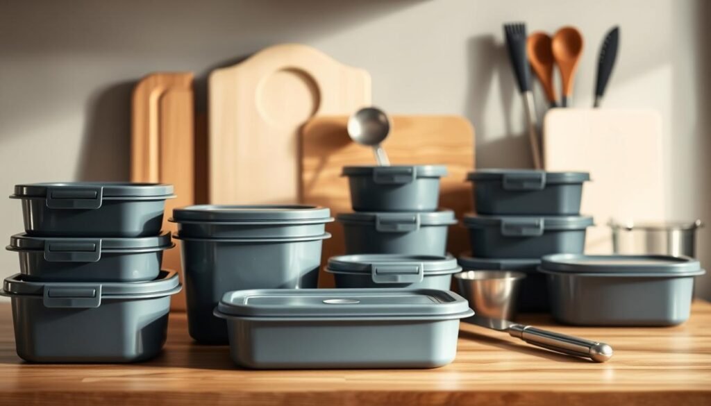 A still life arrangement of various meal prep containers and tools neatly organized on a wooden kitchen countertop, bathed in warm, natural lighting. In the foreground, an array of sleek, airtight food storage containers in subtle shades of blue and gray, their lids securely fastened. In the middle ground, a set of stainless steel measuring cups and spoons, a cutting board, and a sharp chef's knife. In the background, a minimalist utensil rack with a few essential cooking implements. The overall scene conveys a sense of intentionality, practicality, and efficiency - the perfect visual accompaniment to the 