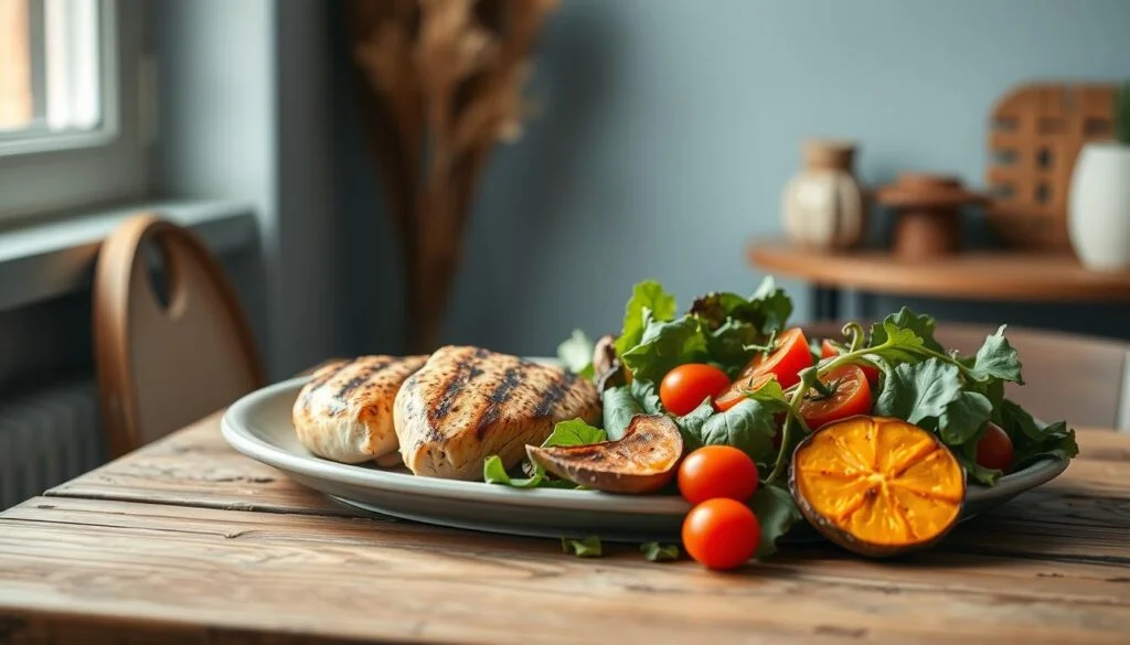 A still life capturing the balanced macronutrients - a plate showcasing grilled chicken breast, roasted sweet potato wedges, and a side salad with mixed greens, cherry tomatoes, and a drizzle of olive oil dressing. The composition is arranged on a rustic wooden table, with a simple, minimalist backdrop of light blue walls and natural-toned accents. Soft, warm lighting from a window illuminates the scene, casting gentle shadows and highlighting the textures and colors of the healthy meal components. The overall mood is one of wholesome nourishment and culinary simplicity, inviting the viewer to envision a nutritious, balanced lunch or dinner.