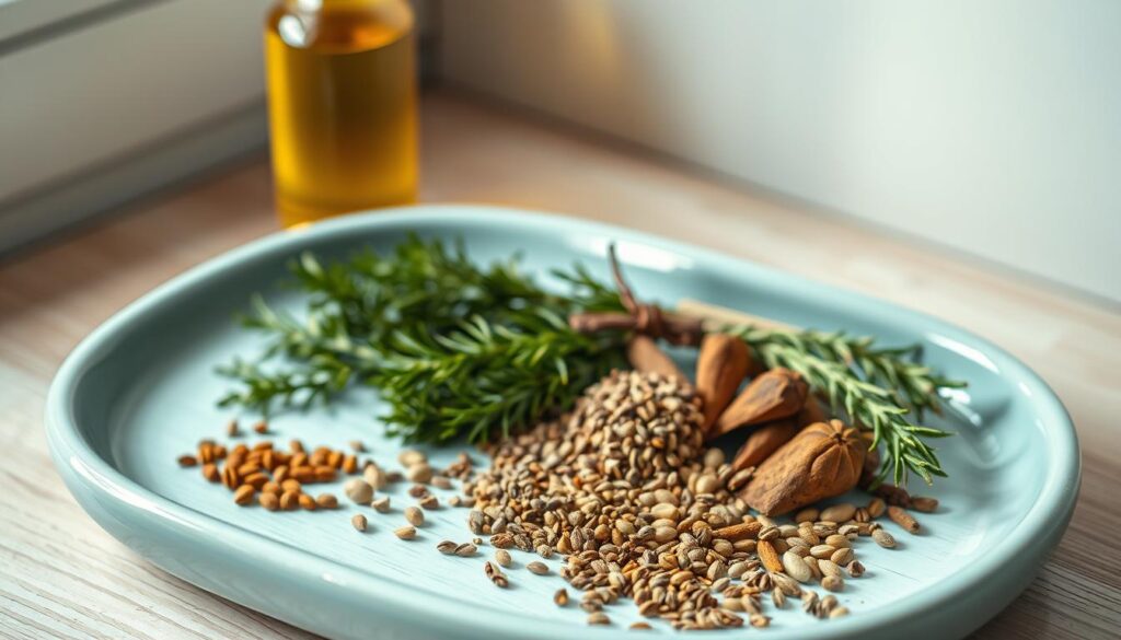 A still life composition of artisanal Mediterranean ingredients arranged on a light blue ceramic tray with a wood grain surface. In the foreground, a bottle of premium extra virgin olive oil with golden hues, its label obscured, surrounded by fragrant whole spices like coriander, cumin, and fennel seeds. In the middle ground, fresh herbs like rosemary, thyme, and oregano delicately placed, their vibrant green hues contrasting with the warm tones. Soft, even lighting from an unseen window casts gentle shadows, enhancing the textures and natural beauty of the scene. The overall mood is one of rustic elegance, evoking the health-conscious and flavorful essentials of Mediterranean cuisine.