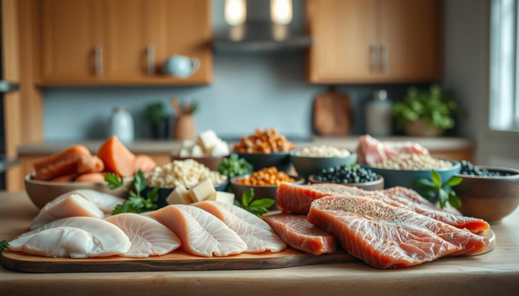 A still life composition showcasing a variety of high-quality protein sources in a cozy, minimalist kitchen setting. In the foreground, various lean meats such as chicken breasts, salmon fillets, and grass-fed beef steaks are arranged on a rustic wooden cutting board, their textures and marbling visible. In the middle ground, an assortment of plant-based protein options, including tofu, lentils, and quinoa, are displayed in small ceramic bowls, their vibrant colors and distinct structures creating visual interest. Soft, natural lighting from a window illuminates the scene, casting gentle shadows and highlights the nuanced textures of the ingredients. The background features warm, wooden cabinetry and accents of light blue, creating a calming, inviting atmosphere that encourages the exploration of high-quality protein sources for optimal texture and flavor.