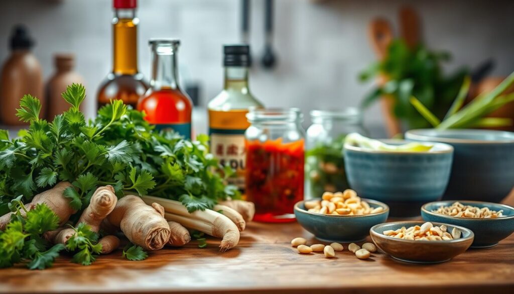 A still life of Asian-inspired marinade ingredients artfully arranged on a wooden kitchen counter. In the foreground, a vibrant array of fresh herbs - fragrant cilantro, earthy ginger, and aromatic lemongrass. In the middle ground, glass jars contain amber-hued soy sauce, rich sesame oil, and a vibrant chili paste. Subtle blue ceramic bowls hold sliced scallions and crushed peanuts. Soft, natural lighting casts a warm glow, highlighting the textures and colors. The overall mood is one of culinary exploration and the promise of a flavorful, Asian-inspired dish.