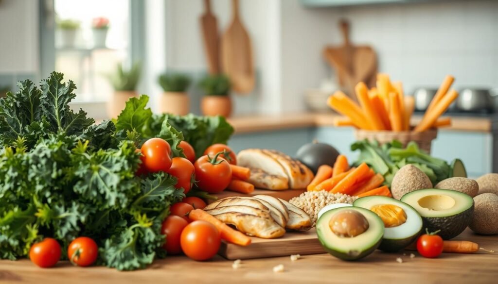 A still life of fresh seasonal produce and proteins arranged in a cozy, minimal kitchen with wooden textures and light blue accents. In the foreground, a variety of vibrant vegetables - crisp kale, juicy tomatoes, and crunchy carrots - nestled alongside lean protein sources such as grilled chicken breasts and hard-boiled eggs. The middle ground features a wooden cutting board with sliced avocado and quinoa, illuminated by soft, natural lighting from a large window. In the background, a simple white wall and a few simple kitchen accessories create a clean, uncluttered atmosphere, allowing the healthy, flavorful ingredients to take center stage.