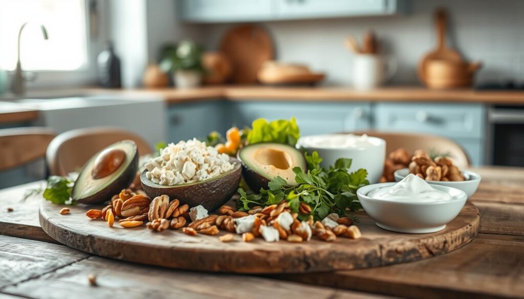 A still life of protein-rich dip ingredients artfully arranged on a rustic wooden table in a cozy, minimal kitchen with light blue accents. The focus is on a variety of fresh ingredients like chopped avocado, crumbled feta, toasted nuts, and Greek yogurt, illuminated by soft, natural lighting from a window. The image conveys a sense of simplicity, healthfulness, and culinary thoughtfulness, suitable for showcasing nutritious dip options.