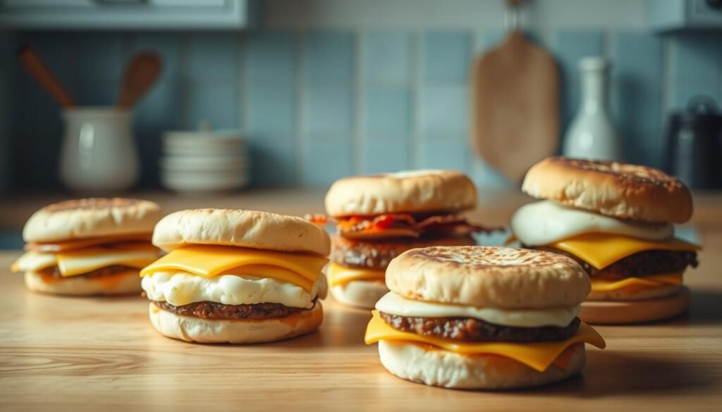 A still life scene showcasing a variety of freshly prepared freezer breakfast sandwiches, neatly arranged on a wooden kitchen counter. The sandwiches feature fluffy egg patties, savory sausage or bacon, and melted cheese, all wrapped in toasted English muffins. The composition is framed by a minimalist kitchen backdrop, with light blue accents and wooden textures creating a cozy, homely atmosphere. Soft, natural lighting illuminates the scene, casting gentle shadows and highlighting the delectable details of the meal-prepped sandwiches. The overall impression conveys the convenience and satisfaction of a well-planned freezer breakfast routine.