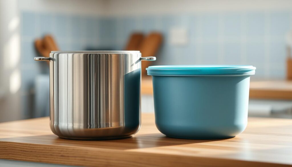 A still life scene showcasing the contrast between stainless steel and nylon food storage containers on a wooden kitchen counter. The stainless steel vessel has a sleek, modern design with a mirror-like finish, while the nylon container features a textured, matte surface in a soft blue hue. The lighting is soft and diffused, casting gentle shadows and highlighting the materials' unique properties. The scene is framed in a cozy, minimal kitchen setting with light blue accents, evoking a sense of organization and functionality.
