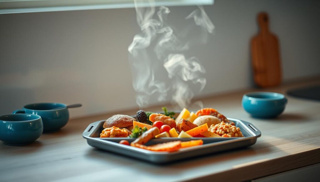 A streamlined kitchen counter, bathed in soft, warm lighting, showcases a neatly arranged sheet pan filled with a variety of freshly reheated leftovers. Wisps of steam rise, hinting at the perfectly optimized temperature and duration of the reheating process. The pan's contents, artfully arranged, exude a sense of culinary harmony, inviting the viewer to imagine the delightful flavors about to be savored. Subtle blue accents and natural wood tones create a cozy, minimalist ambiance, highlighting the thoughtful approach to reheating and preserving the quality of the meal.