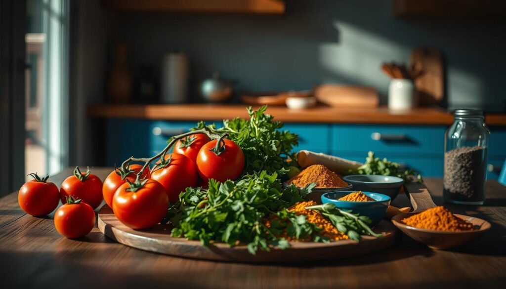 A strikingly arranged still life of Middle Eastern meal prep ingredients on a wooden table in a cozy, minimalist kitchen. Plump tomatoes, vibrant green herbs, and golden spices stand out against the soft blue accents. Dramatic side lighting casts dramatic shadows, creating a rich, atmospheric mood. The composition emphasizes the fresh, flavorful ingredients, inviting the viewer to imagine the savory Middle Eastern dishes that could be prepared with these components.