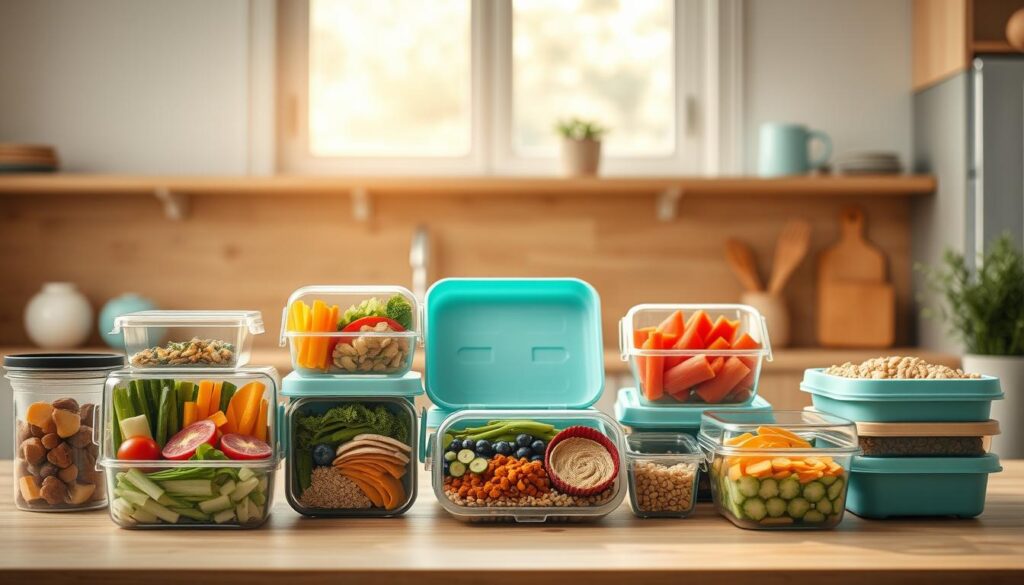 A stylish arrangement of bento-style lunchboxes in a cozy, minimal kitchen with natural wood textures and light blue accents. The containers are made of high-quality materials like glass, bamboo, and silicone, with tight-fitting lids to preserve freshness. Neatly packed with a variety of colorful, nutrient-dense ingredients - fresh vegetables, lean proteins, whole grains, and healthy fats. Soft, directional lighting from a large window highlights the clean, organized design of the bento boxes, creating an inviting, appetizing scene perfect for meal prepping at the office.