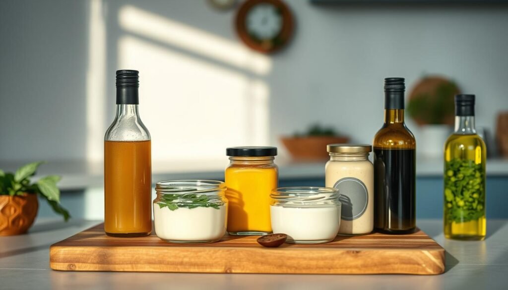 A stylish arrangement of customizable high-protein meal dressings displayed on a wooden cutting board, with a backdrop of clean lines, soft blue hues, and natural textures in a cozy, minimalist kitchen. The scene features a variety of intriguing bottles and jars containing vinaigrettes, creamy dips, and fragrant herb-infused oils, inviting the viewer to explore and experiment with flavorful toppings to elevate their healthy meals. The lighting is warm and diffused, creating a inviting atmosphere that captures the spirit of culinary exploration and nutritious indulgence.