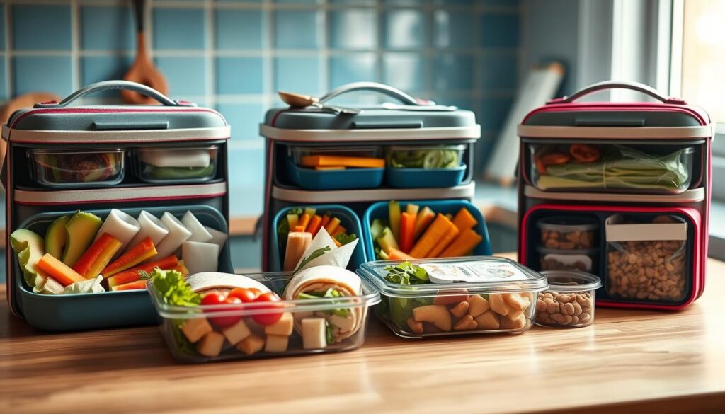 A stylish assortment of colorful, neatly packed lunchboxes sits atop a wooden kitchen counter. The lunchboxes feature a variety of healthy, visually appealing snacks and meals, from fresh fruits and vegetables to sandwich wraps and DIY trail mixes. The scene is bathed in soft, natural lighting, with subtle blue accents in the background, creating a calming, inviting atmosphere. The lunchboxes are positioned in a thoughtful, organized manner, showcasing the creative potential of meal prepping for the entire week.