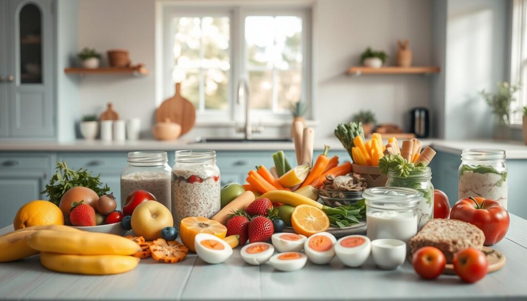 A stylish breakfast meal prep display on a light blue wooden kitchen counter. In the foreground, an assortment of colorful fruits, overnight oats in mason jars, and hard-boiled eggs. In the middle ground, a variety of freshly sliced vegetables, whole grain breads, and yogurt parfaits. In the background, a minimalist kitchen with natural light streaming in through large windows, casting a warm glow over the scene. The atmosphere is clean, organized, and inviting, encouraging a productive start to the day.