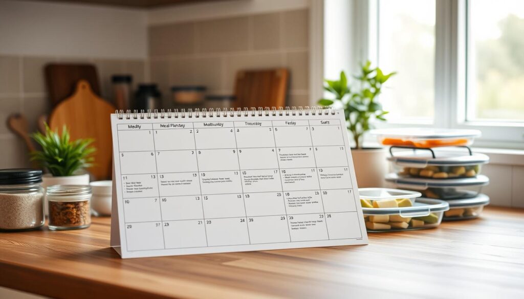 A stylish calendar grid overlaid on a wood and tile kitchen countertop, with neatly arranged meal prep containers, spice jars, and a small potted plant. The calendar pages feature simple icons and text, offering a clear weekly meal planning strategy. Soft, diffused lighting from a window creates a calming, organized atmosphere, highlighting the efficiency and simplicity of this meal prep system.