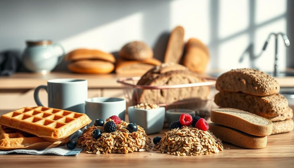 A stylish, minimal kitchen setting with warm wooden tones and light blue accents. In the foreground, an assortment of whole grain breakfast options - golden brown waffles, nutty granola, and thick-cut oats with plump berries. Midground showcases a variety of hearty breads, from seeded rye to nutty multigrain, alongside a mug of steaming coffee. The background features an elegant, minimalist backsplash, casting a soft, natural light across the scene. The overall mood is cozy, inviting, and focused on the nutritious, fiber-rich ingredients that make up a well-balanced, whole grain-centric breakfast.