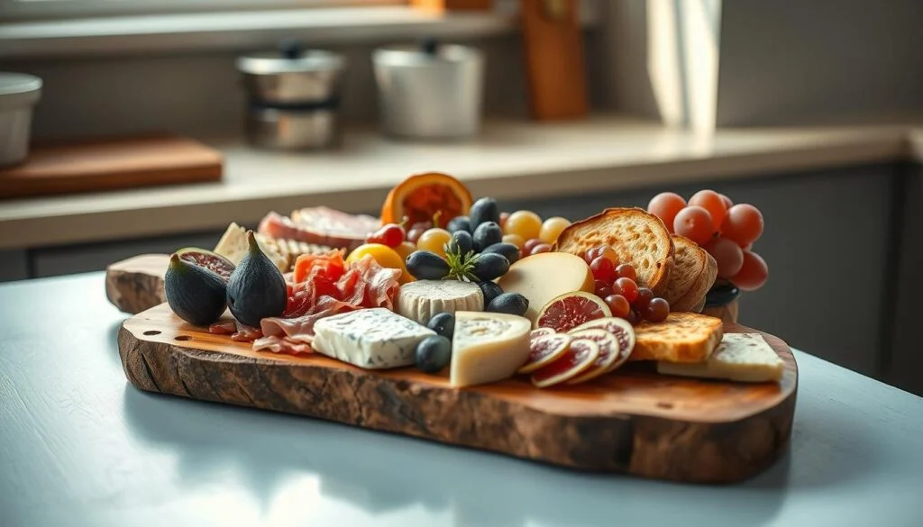 A stylish, portable charcuterie presentation on a rustic wooden board, with an elegant arrangement of cured meats, artisanal cheeses, fresh figs, grapes, and toasted bread slices. The board is placed on a light blue-painted kitchen counter, surrounded by natural light filtering through a window, casting a warm, inviting glow. The scene conveys a sense of simplicity, quality, and attention to detail, perfectly suited for a gourmet cold lunch experience.