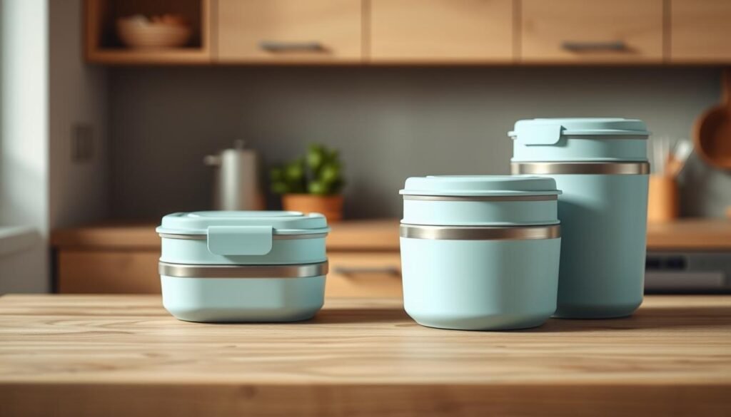 A stylish set of insulated, leakproof meal containers rests on a wooden countertop in a minimalist kitchen. The containers are crafted from high-quality materials, with a sleek, modern design featuring light blue accents. Soft, diffused lighting creates a warm, inviting atmosphere, highlighting the smooth surfaces and attention to detail. The containers are depicted at various angles, showcasing their functionality and versatility for on-the-go meals. The overall scene conveys a sense of organization, practicality, and a commitment to healthy, convenient food preparation.