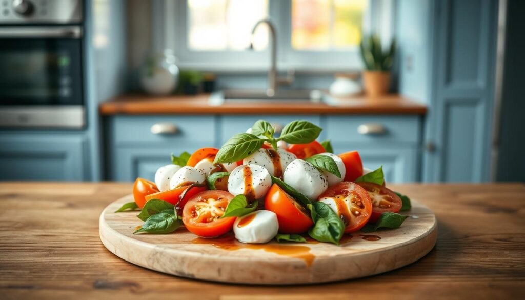 A succulent Caprese salad takes center stage on a simple, wooden table in a cozy, minimal kitchen. Fresh mozzarella cheese and juicy tomatoes are artfully arranged, drizzled with fragrant olive oil and balsamic vinegar. Vibrant basil leaves add a pop of green, while a sprinkling of sea salt and cracked black pepper enhances the flavors. The light blue accents of the kitchen create a serene, Italian-inspired atmosphere, inviting the viewer to savor this healthy, Italian-style side dish.