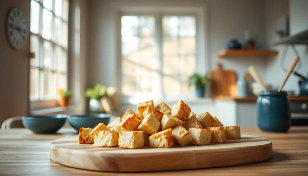 A succulent arrangement of crispy, golden-brown tofu cubes sits atop a clean, wooden cutting board in a cozy, minimal kitchen. Soft, diffused lighting from large windows casts a warm glow, highlighting the tofu's delicate texture and the wooden surfaces' natural tones. Subtle blue accents, such as a small bowl or utensil holder, complement the scene, creating a calming, plant-based atmosphere. The image captures the fundamentals of a high-protein, plant-based tofu recipe, inviting the viewer to explore the simple yet satisfying culinary experience.