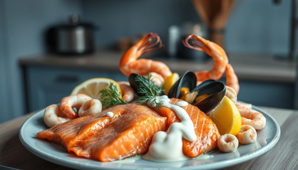 A sumptuous salmon and seafood dinner spread, meticulously prepared in a cozy, minimal kitchen with light blue accents and wooden textures. Fresh salmon fillets sit alongside tender shrimp, scallops, and mussels, all arranged with care on a platter. The plate is garnished with lemon wedges, sprigs of dill, and a drizzle of creamy sauce, creating a visually enticing and flavorful meal prep. Soft, warm lighting casts a gentle glow, adding to the inviting atmosphere. This high-protein dinner is ready to fuel muscle recovery and nourish the body.
