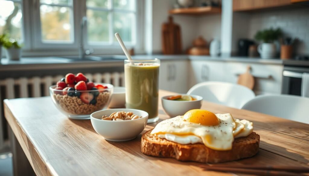 A sumptuous spread of balanced morning meals arranged on a rustic wooden table in a cozy, minimal kitchen. Wholesome oatmeal with fresh berries, a vibrant smoothie bowl topped with nuts and seeds, and fluffy scrambled eggs with avocado and whole grain toast. Natural light streams in through large windows, casting a warm glow over the scene. The overall atmosphere is one of simplicity, nourishment, and mindful wellness.