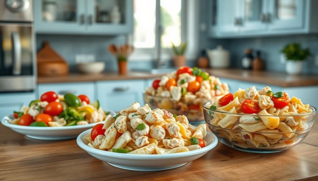 A sumptuous spread of chilled chicken pasta salad variations nestled on a wooden table in a cozy, minimalist kitchen. Vibrant ingredients like juicy cherry tomatoes, crunchy cucumber slices, and tender chicken morsels artfully arranged against a backdrop of light blue cabinetry. Gentle natural light filters in, casting a warm, inviting glow over the refreshing dishes. The salads showcase a range of textures and flavors, from creamy pasta tossed in a tangy vinaigrette to vibrant herb-flecked farfalle. An irresistible summer feast, perfect for a light, no-cook lunch.