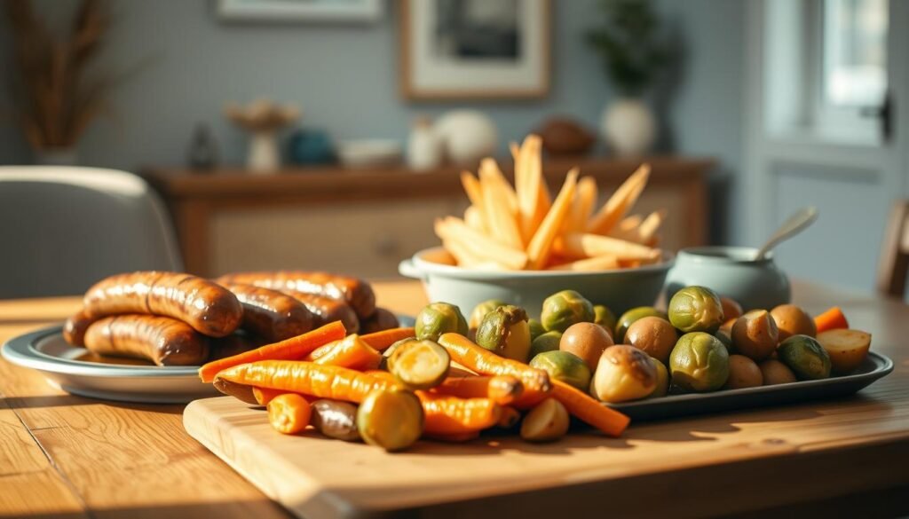 A sumptuous spread of roasted delights on a wooden table, bathed in warm, natural light. In the foreground, a platter of sizzling sausages and colorful roasted vegetables - carrots, Brussels sprouts, and potatoes - arranged in an inviting display. Behind, a simple yet elegant setting, with light blue accents and clean, minimalist decor, creating a cozy, homey atmosphere. The scene evokes a sense of rustic comfort and a celebration of the bounty of the season, perfect for an enjoyable shared meal.