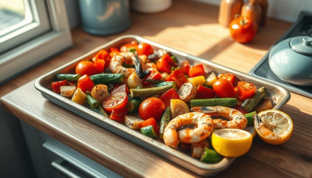 A sun-dappled Mediterranean sheet pan brimming with a vibrant medley of roasted vegetables - juicy tomatoes, zucchini spears, crimson bell peppers, and fragrant herbs. Glistening shrimp sizzle alongside, their shells tinged with garlic and lemon. Warm, earthy hues spill across the wooden countertop, complemented by light blue accents that lend a fresh, airy ambiance to the cozy kitchen scene. The arrangement showcases the versatility of this one-pan wonder, inspiring countless customizations to suit every palate.