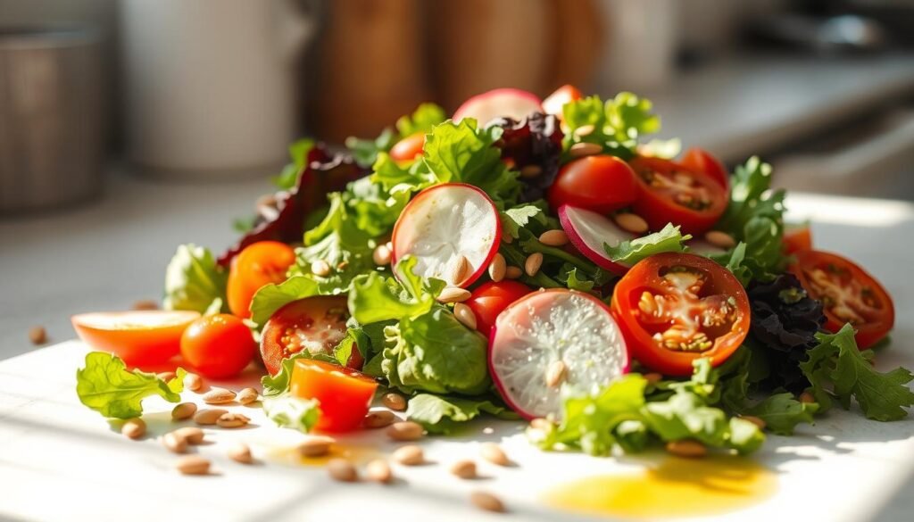 A sun-dappled kitchen counter, bathed in warm natural light, showcases an artful arrangement of seasonal salad ingredients. Vibrant leafy greens, freshly plucked from a nearby garden, mingle with sliced heirloom tomatoes, crisp radishes, and fragrant herbs. Sprinkled throughout are toasted sunflower seeds and a drizzle of golden olive oil, capturing the essence of a bountiful harvest. The scene exudes a sense of simplicity and mindful abundance, inviting the viewer to savor the flavors of the season.