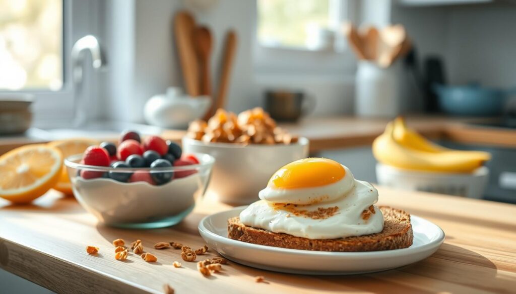 A sun-dappled kitchen counter showcases a bountiful spread of healthy breakfast favorites: crisp slices of juicy citrus, a bowl of creamy Greek yogurt dotted with plump berries, a handful of crunchy granola, and a golden-yolked egg nestled atop a slice of hearty whole-grain toast. Filtered light filters through the windows, casting a warm glow on the natural wood textures and muted blue accents that create a cozy, inviting atmosphere. The scene exudes simplicity, nourishment, and a sense of mindful, budget-friendly indulgence.