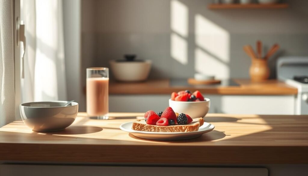 A sun-dappled kitchen counter topped with a clean, wooden surface, bright with the promise of a quick, nourishing breakfast. On the counter, a plate of crisp whole grain toast, a bowl of fresh berries, and a glass of creamy smoothie, all bathed in soft, natural light filtering through sheer curtains. The scene radiates a sense of ease and simplicity, perfect for a busy morning when time is precious but a wholesome start to the day is still a must.
