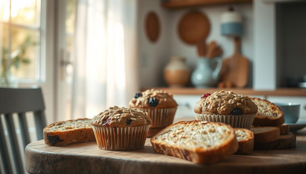 A sun-dappled kitchen scene showcases a bountiful spread of freshly baked whole grain muffins and crisp, golden-brown toast. The muffins, flecked with nutty oats and studded with juicy berries, sit alongside slices of hearty, artisanal bread on a rustic wooden table, complemented by a minimal, light blue-accented decor. Warm, soft lighting filters through sheer curtains, casting a cozy, inviting atmosphere. The composition is balanced, with the muffins and toast taking center stage, allowing the viewer to focus on the delightful, kid-friendly breakfast options.