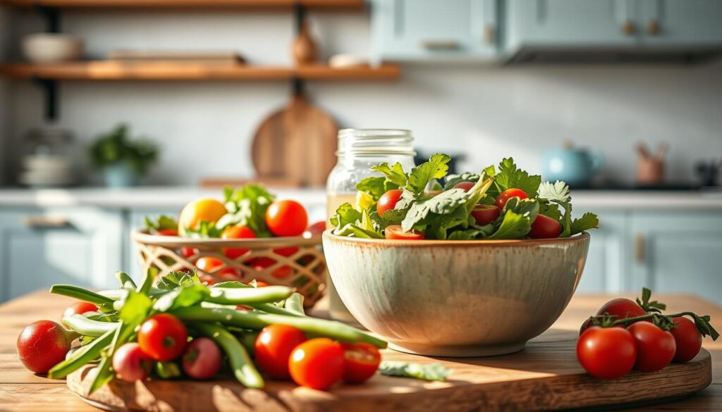A sun-dappled kitchen scene showcases a vibrant array of freshly prepared veggie-centric lunch creations. In the foreground, a wooden cutting board displays an assortment of colorful vegetables, including crisp radishes, tender green beans, and juicy cherry tomatoes. In the middle ground, a glazed ceramic bowl overflows with a nourishing salad, its leaves glistening with a light vinaigrette. Beside it, a mason jar brims with a cool, refreshing beverage, its pale blue hue complementing the soothing kitchen palette. The background features minimal shelving with wooden accents and light blue cabinets, creating a calm, inviting atmosphere for this rejuvenating midday meal.