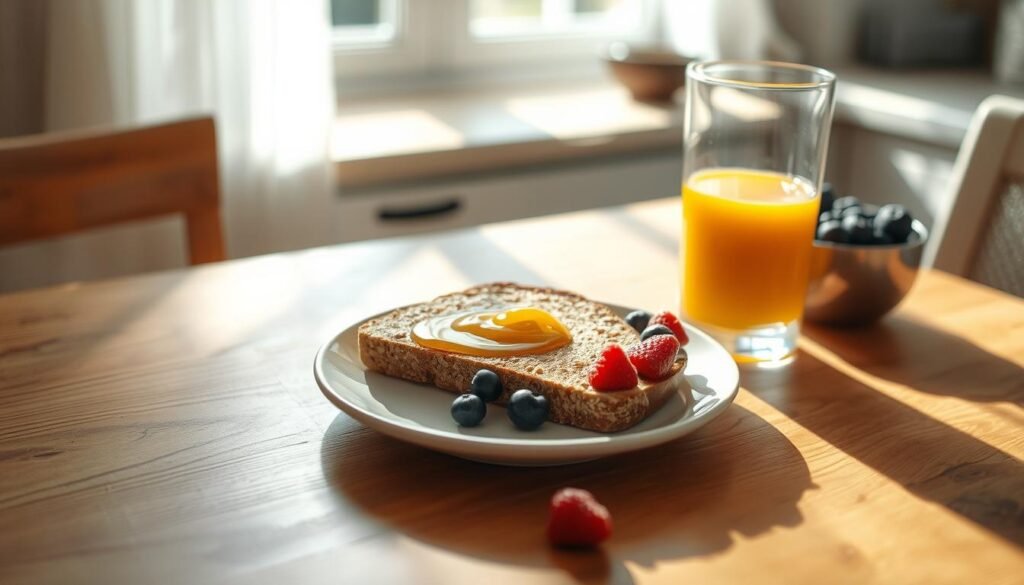 A sun-dappled kitchen table, its surface a mosaic of warm wooden grains. Atop it, a simple morning spread - whole grain toast, a drizzle of honey, a scattered handful of berries, and a glass of freshly squeezed orange juice. The light, slanting in through a nearby window, casts a soft glow, highlighting the natural textures and colors. The atmosphere is one of calm, nourishing tranquility, inviting the viewer to partake in this balanced, energy-boosting repast. No hands are visible, allowing the focus to remain on the carefully curated, low-sugar ingredients.
